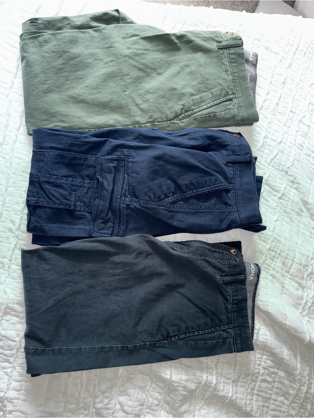 Sonoma Men's Chino Pants Trio in Green, Navy, and Black